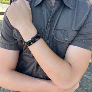MEN NEW BRACELET SET ANTHONY JACOBS TIGER EYES GENUINE LEATHER PRECIOUS BEADS CA